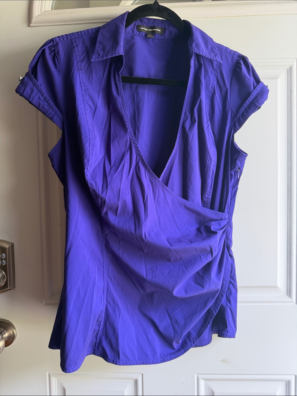 Express Purple Wrap-Style Short Sleeve Blouse, large.